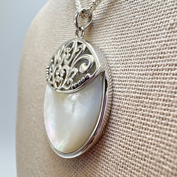 Sterling Silver 925 Mother of Pearl Scroll Pendant Necklace Size 23.5" Length - Picture 5 of 16